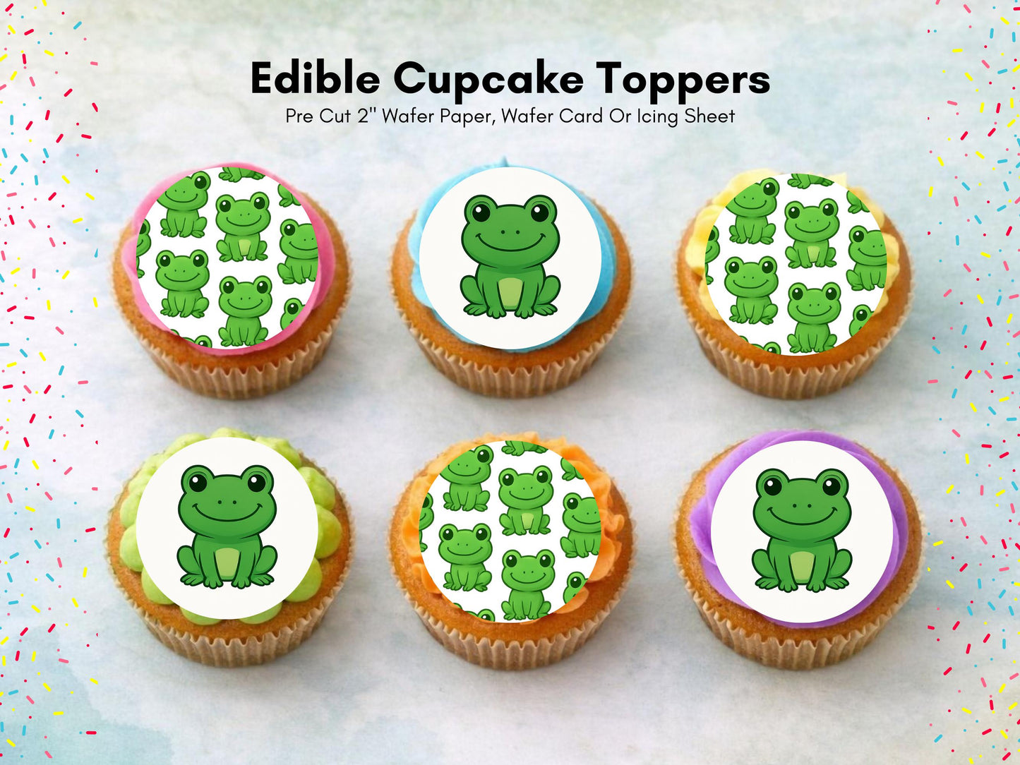 Frog Edible Cupcake Toppers 12 x 2" Precut Wafer Paper, Card or Icing Sheet