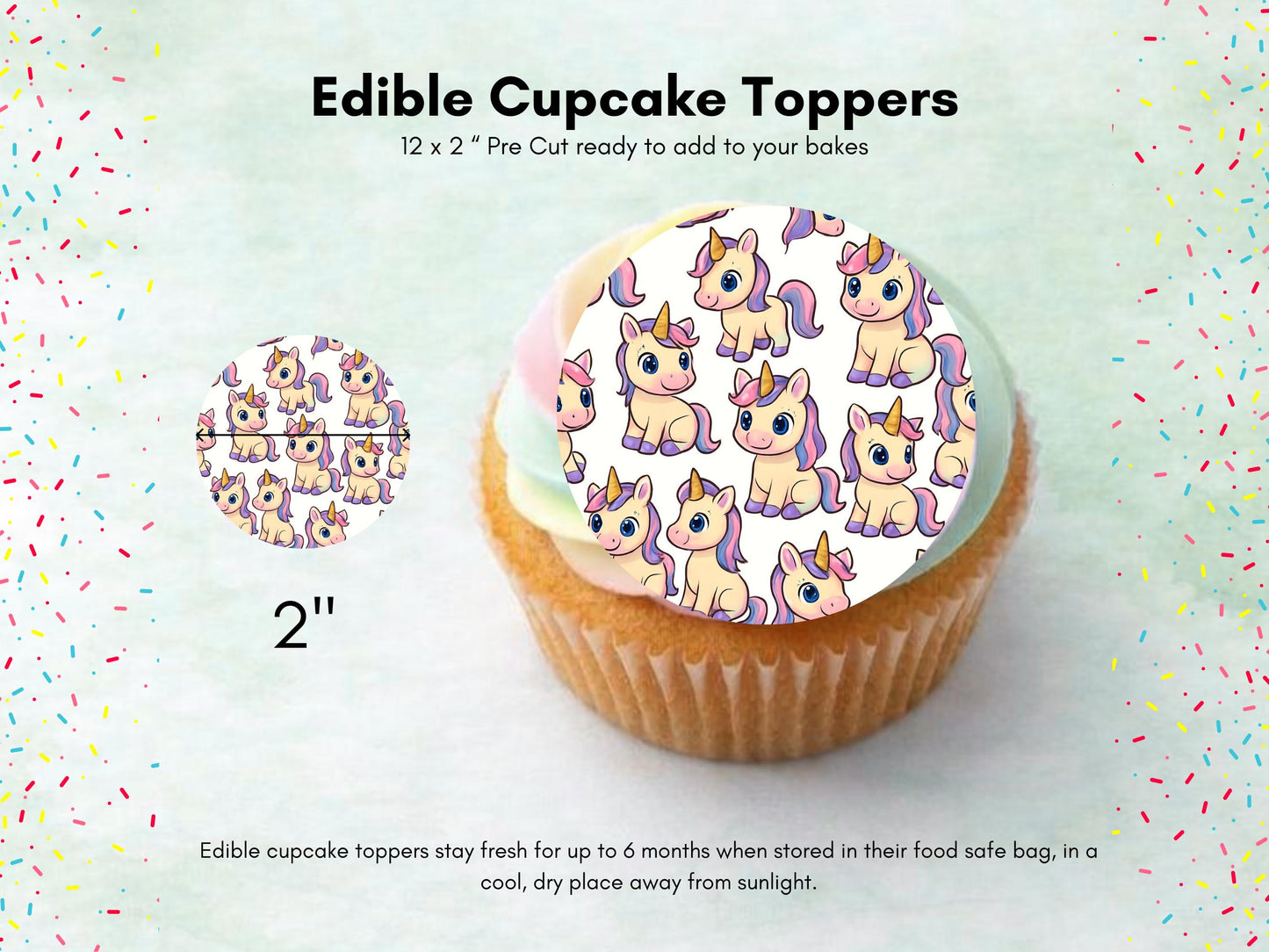 Unicorn Cupcake Toppers: Edible Wafer Paper, Card, or Icing - 12 x 2"