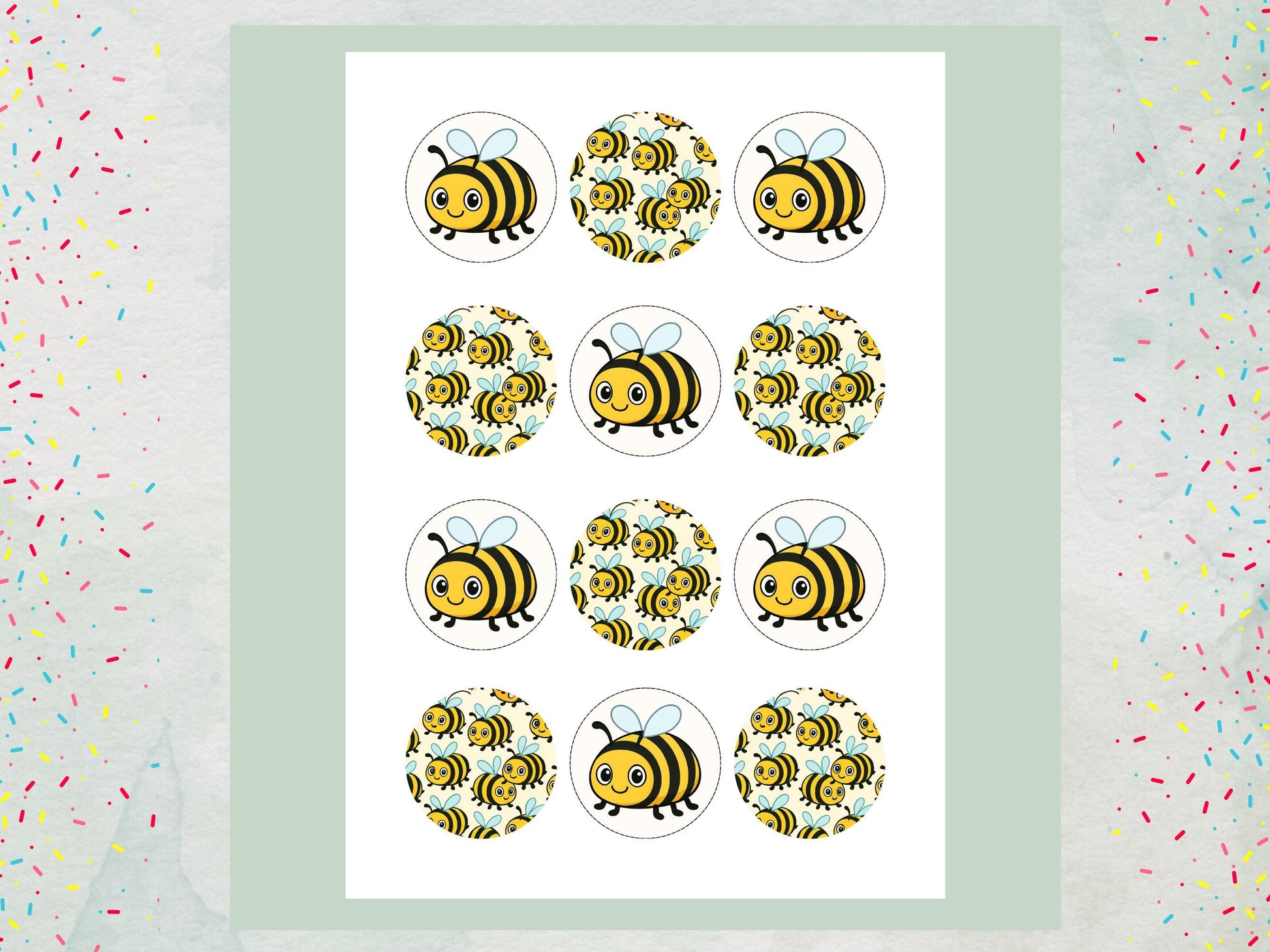 Cute Bumble Bee Edible Cupcake Toppers 12 x 2"– Pre cut Wafer Paper, Card or Icing Sheet, Bumble Bee Birthday Cake Topper