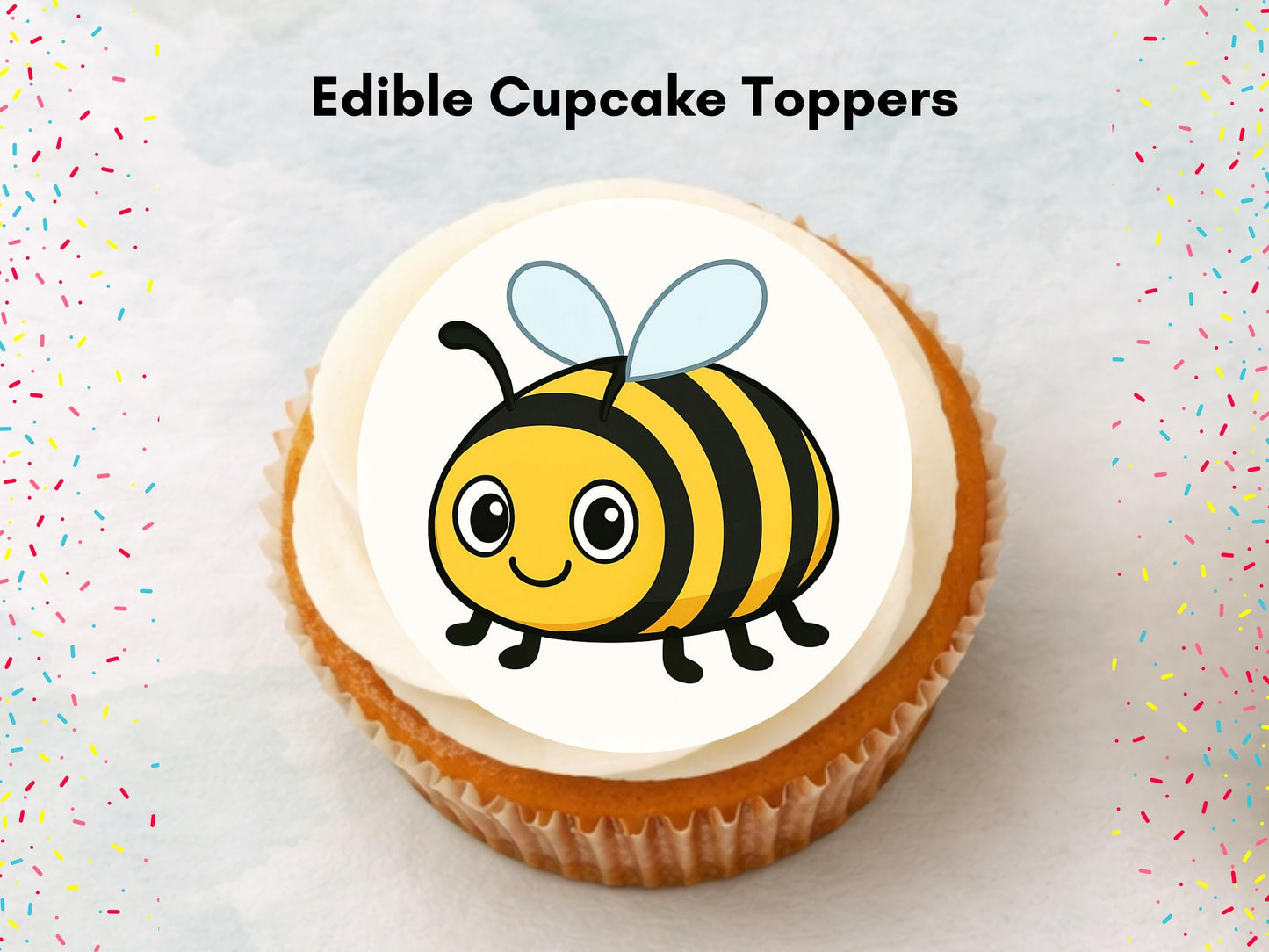Cute Bumble Bee Edible Cupcake Toppers 12 x 2"– Pre cut Wafer Paper, Card or Icing Sheet, Bumble Bee Birthday Cake Topper
