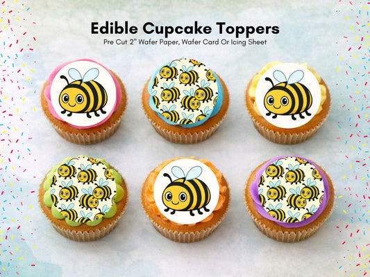 Cute Bumble Bee Edible Cupcake Toppers 12 x 2"– Pre cut Wafer Paper, Card or Icing Sheet, Bumble Bee Birthday Cake Topper