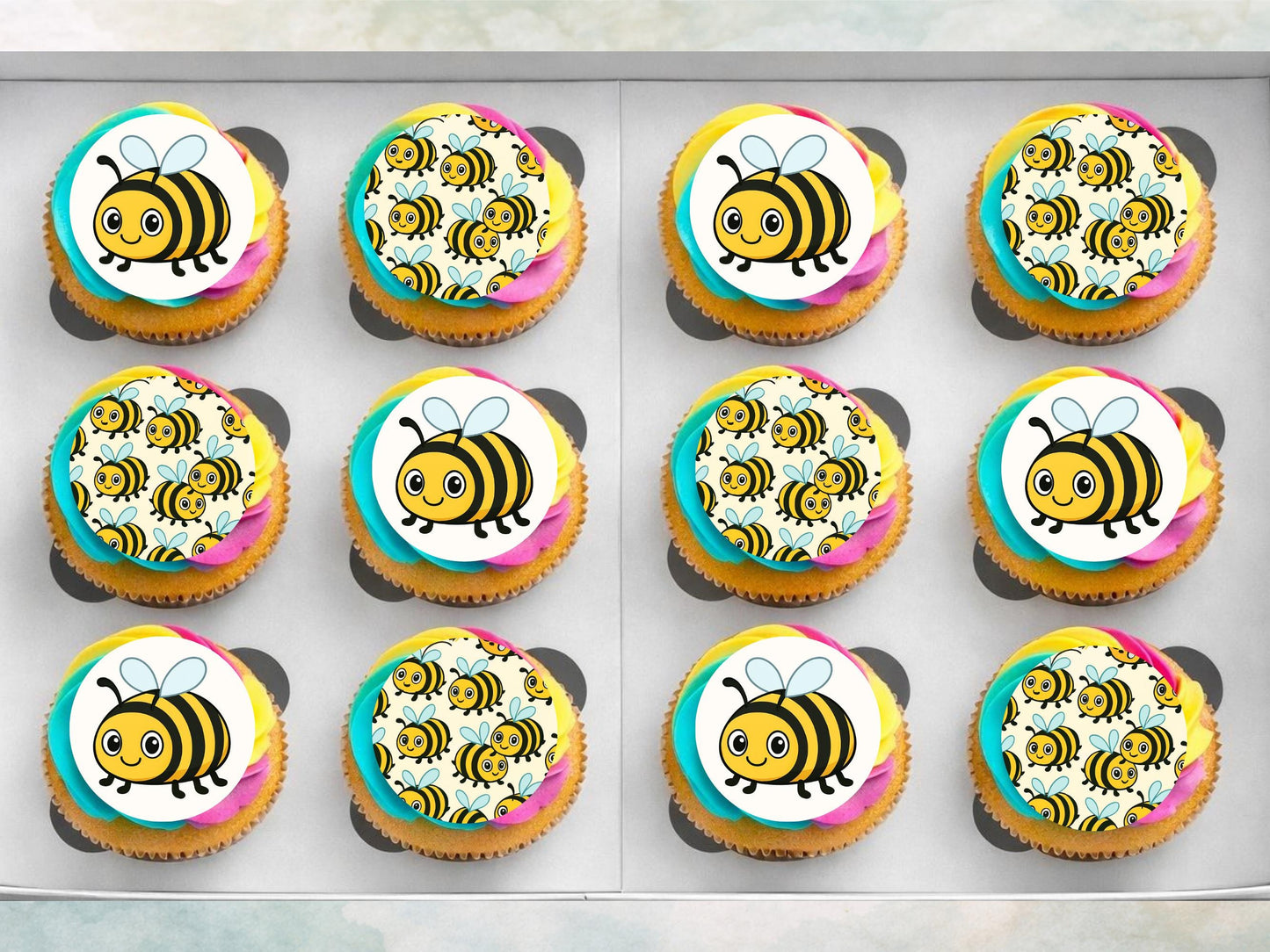 Cute Bumble Bee Edible Cupcake Toppers 12 x 2"– Pre cut Wafer Paper, Card or Icing Sheet, Bumble Bee Birthday Cake Topper