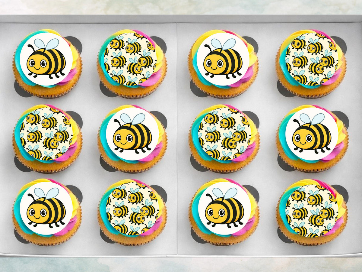 Cute Bumble Bee Edible Cupcake Toppers 12 x 2"– Bumble Bee Birthday Cake Decoration