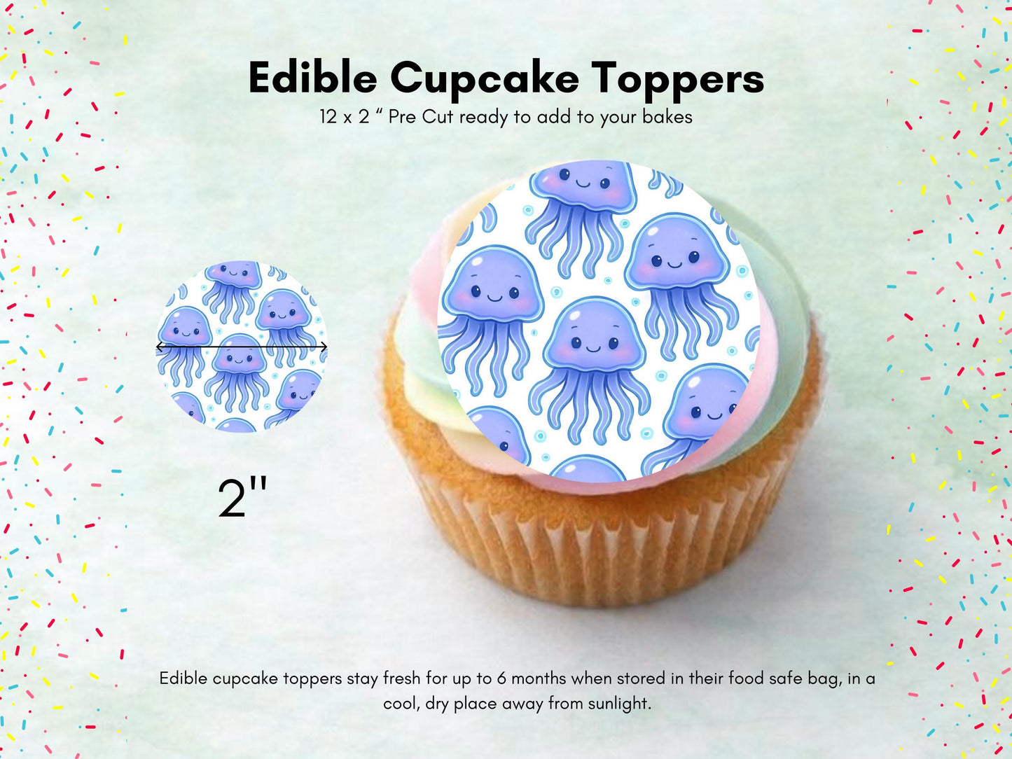 Jellyfish Edible Cupcake Toppers 12 x 2" Precut Wafer Paper, Card or Icing Sheet