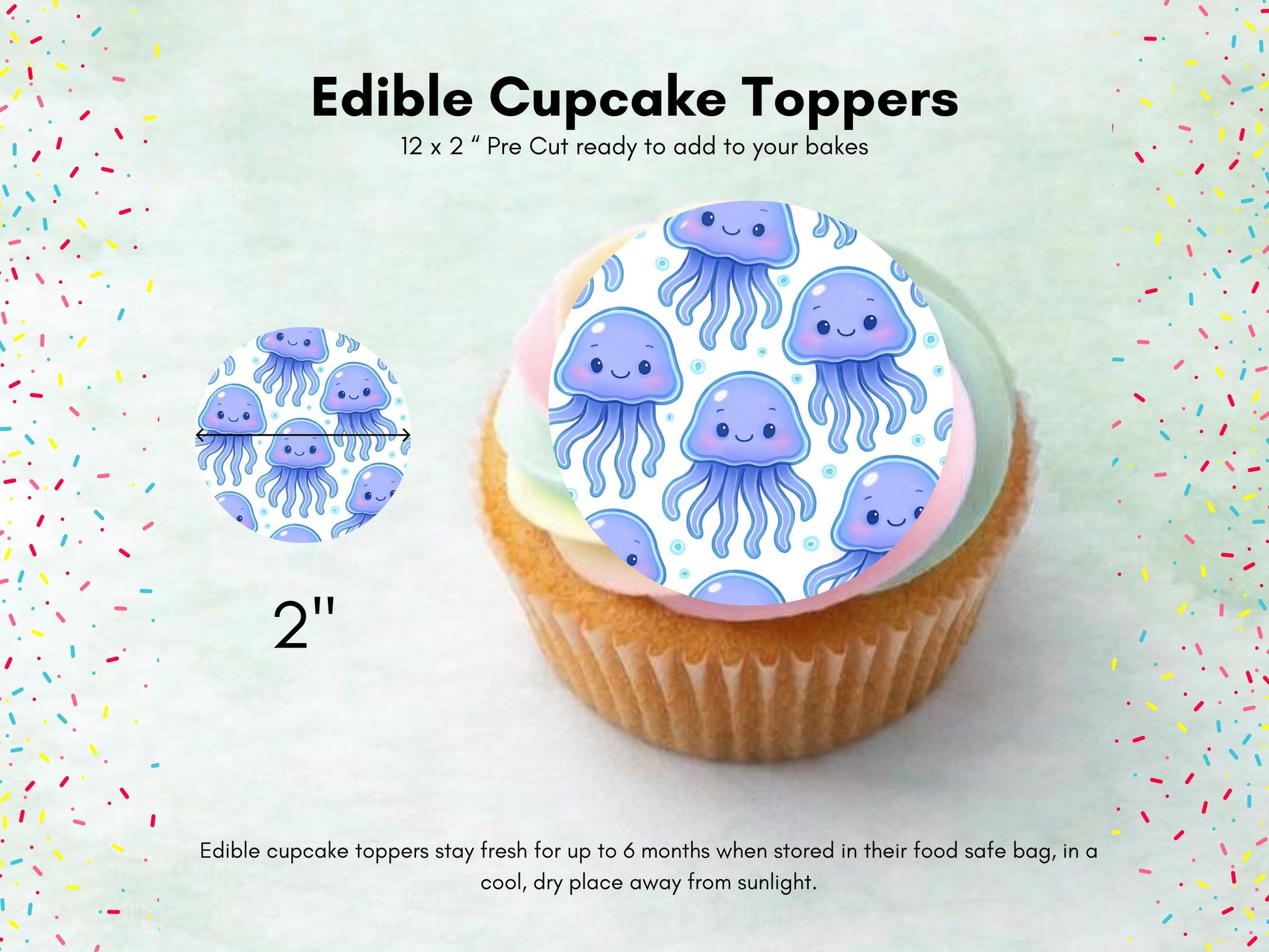Jellyfish Edible Cupcake Toppers 12 x 2" Precut Wafer Paper, Card or Icing Sheet
