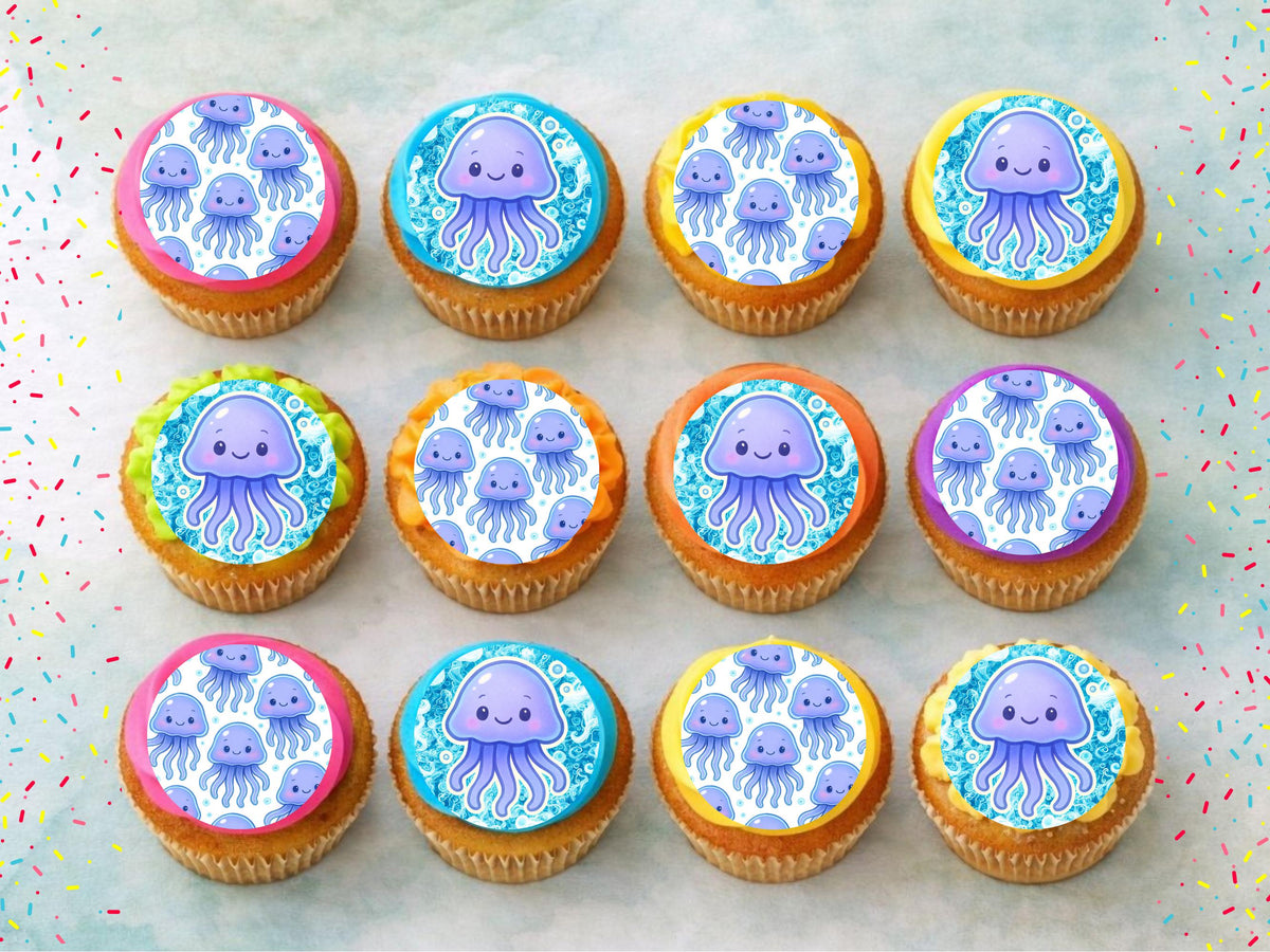 Jellyfish Edible Cupcake Toppers 12 x 2" Precut Wafer Paper, Card or Icing Sheet
