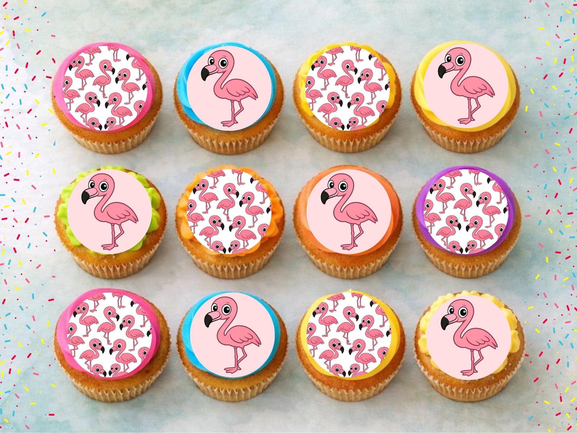 Flamingo Edible Cupcake Toppers 12 x 2" Precut Wafer Paper, Card or Icing Sheet