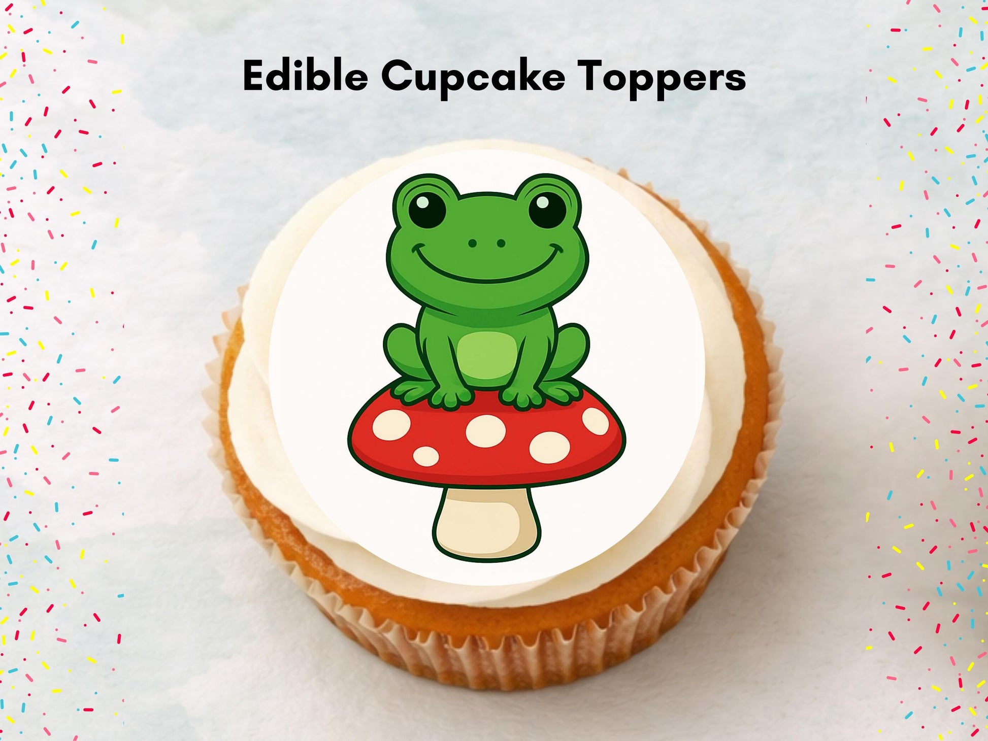 Cute Frog on a Mushroom Edible Cupcake Toppers 12 x 2"– Pre cut Wafer Paper, Card or Icing Sheet, Frog Birthday Cake Topper