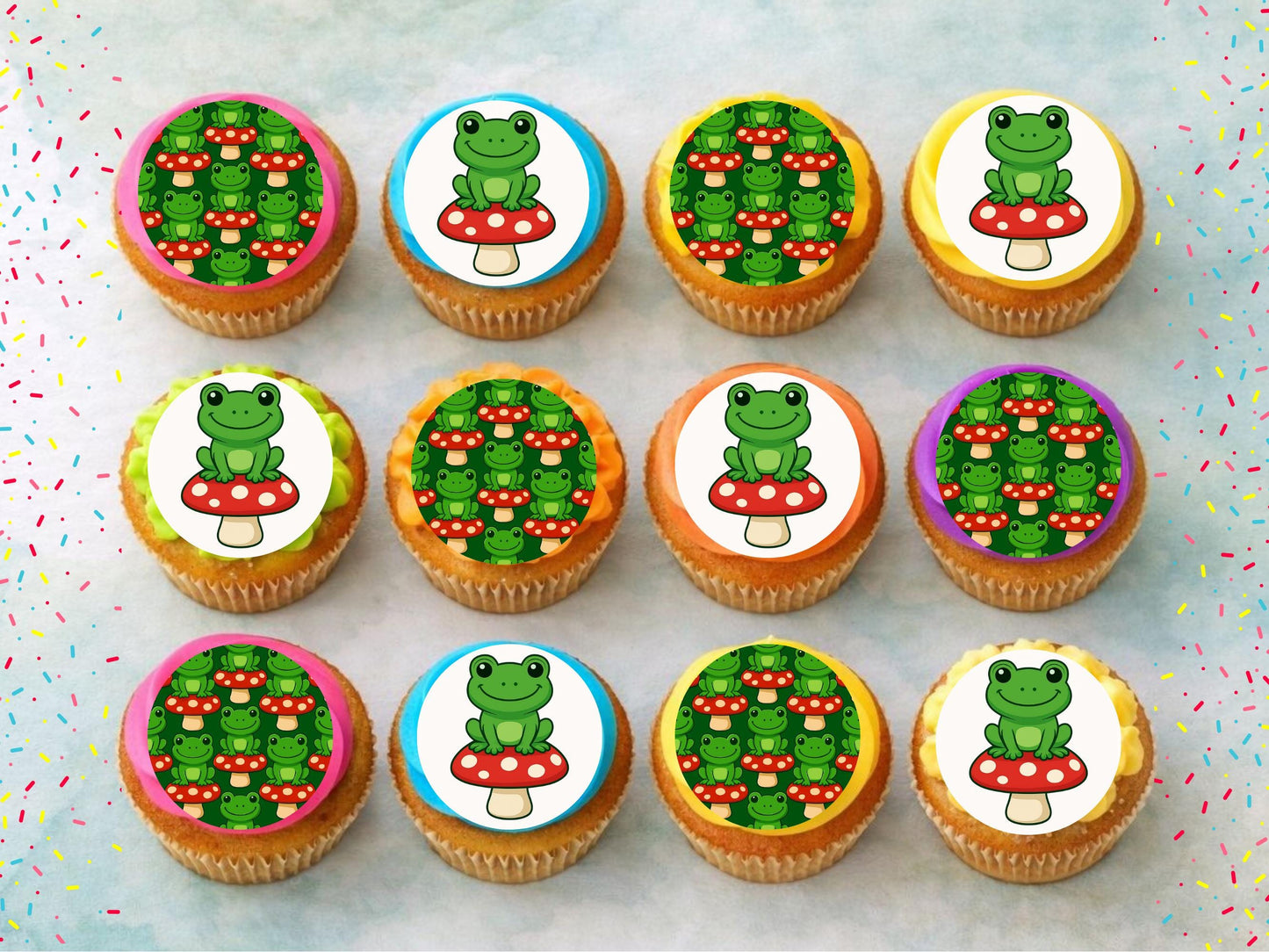Cute Frog on a Mushroom Edible Cupcake Toppers 12 x 2"– Pre cut Wafer Paper, Card or Icing Sheet, Frog Birthday Cake Topper
