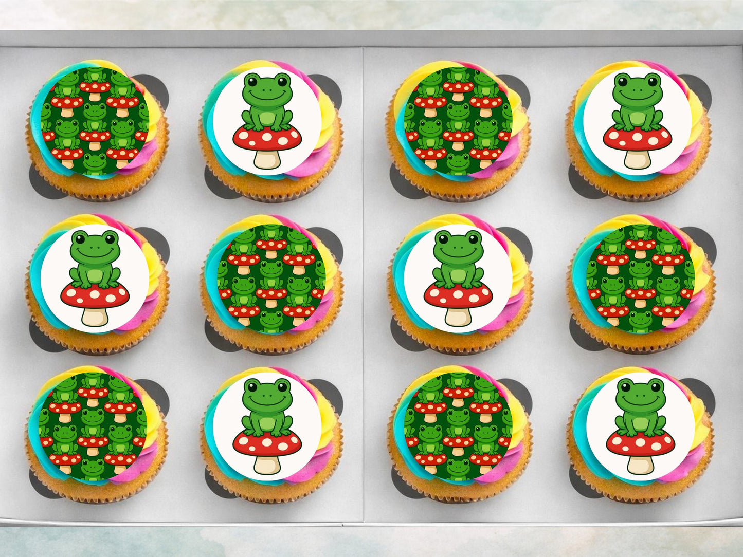 Cute Frog on a Mushroom Edible Cupcake Toppers 12 x 2"– Pre cut Wafer Paper, Card or Icing Sheet, Frog Birthday Cake Topper