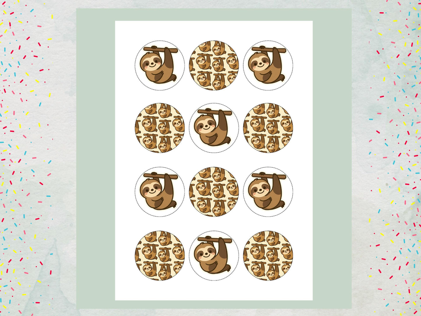 Cute Sloth Edible Cupcake Toppers 12 x 2"– Pre cut Wafer Paper, Card or Icing Sheet, Sloth Birthday Cake Topper, Kids Birthday Cake