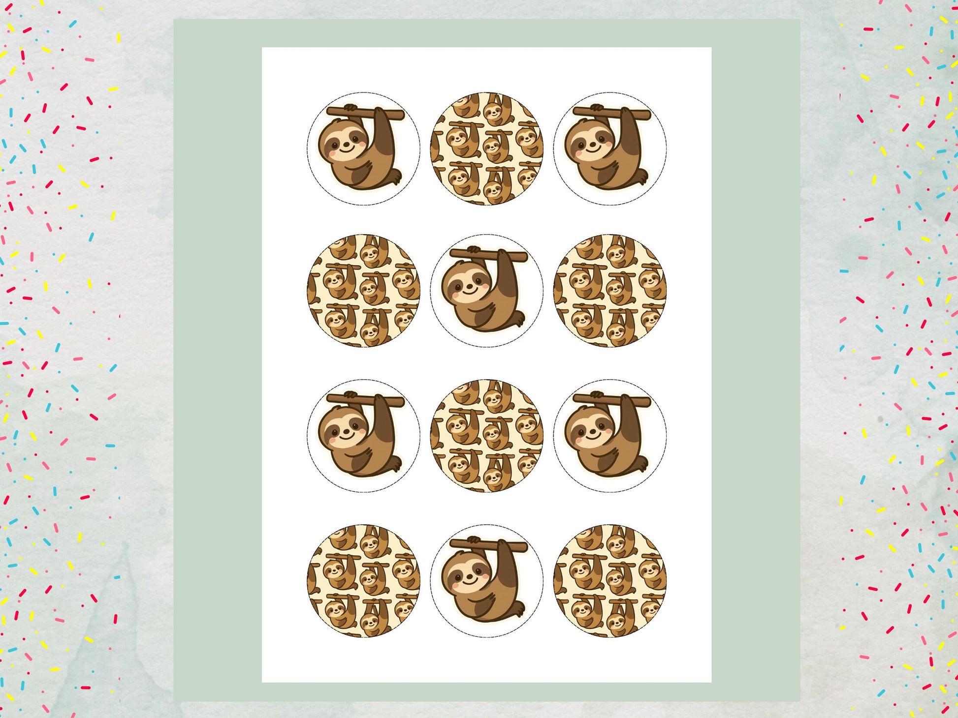 Cute Sloth Edible Cupcake Toppers 12 x 2"– Pre cut Wafer Paper, Card or Icing Sheet, Sloth Birthday Cake Topper, Kids Birthday Cake