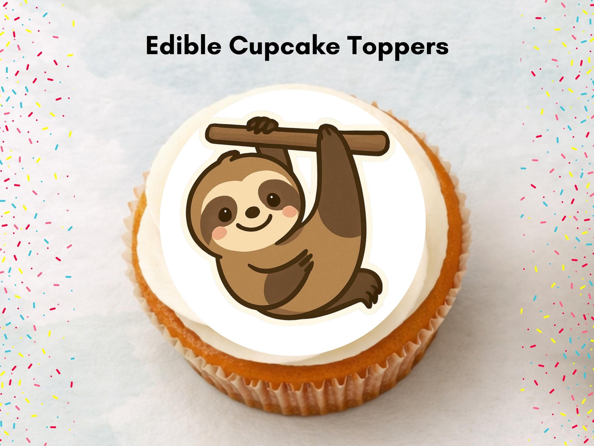Cute Sloth Edible Cupcake Toppers 12 x 2"– Pre cut Wafer Paper, Card or Icing Sheet, Sloth Birthday Cake Topper, Kids Birthday Cake