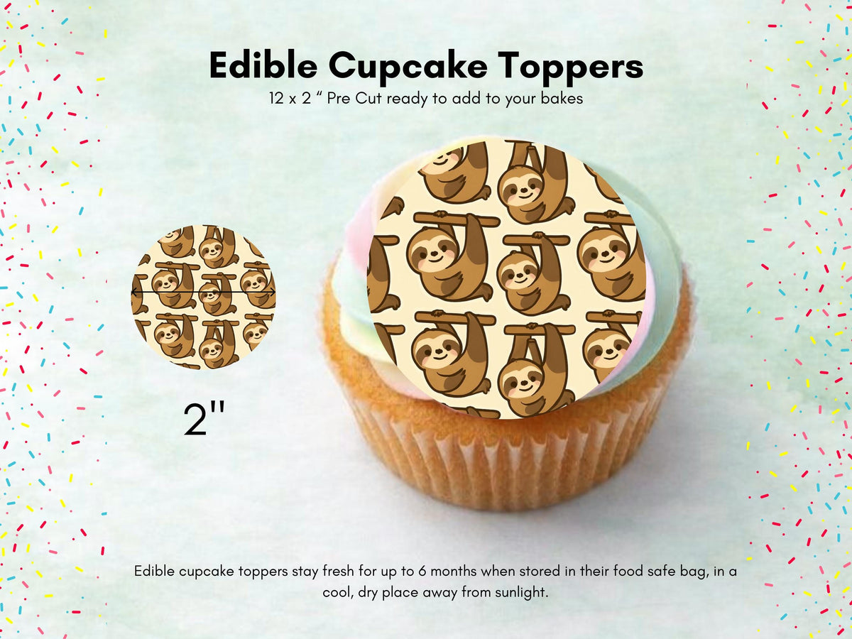 Cute Sloth Edible Cupcake Toppers 12 x 2"– Pre cut Wafer Paper, Card or Icing Sheet, Kids Birthday Cake Decorations