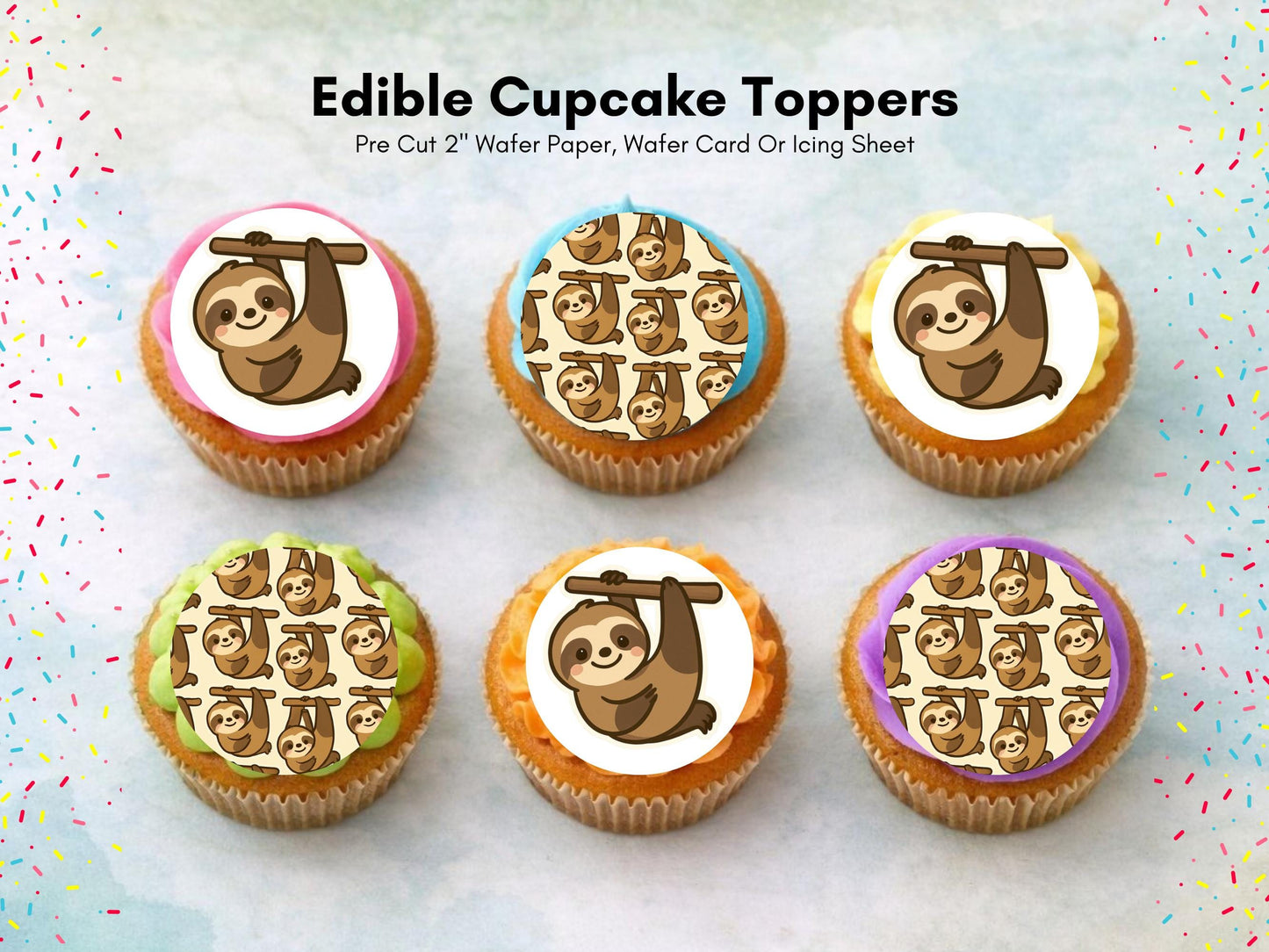 Cute Sloth Edible Cupcake Toppers 12 x 2"– Pre cut Wafer Paper, Card or Icing Sheet, Sloth Birthday Cake Topper, Kids Birthday Cake