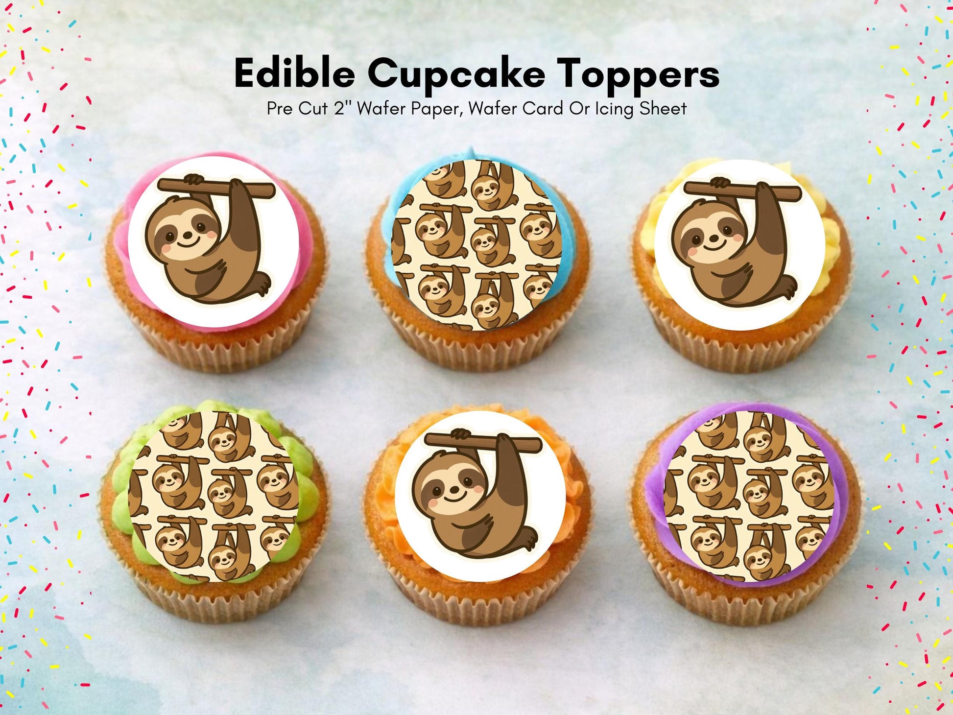 Cute Sloth Edible Cupcake Toppers 12 x 2"– Pre cut Wafer Paper, Card or Icing Sheet, Sloth Birthday Cake Topper, Kids Birthday Cake