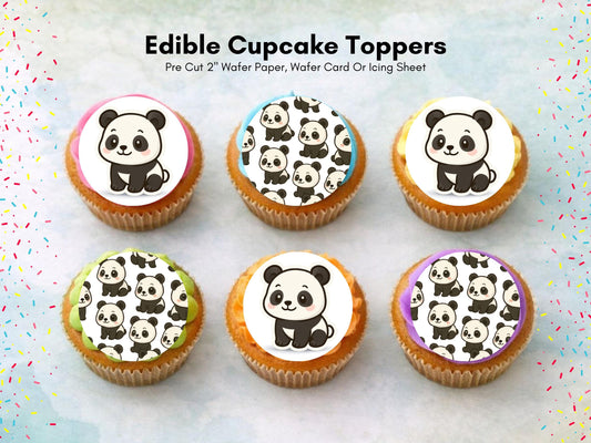Panda Edible Cupcake Toppers 12 x 2" Precut Wafer Paper, Card or Icing Sheet