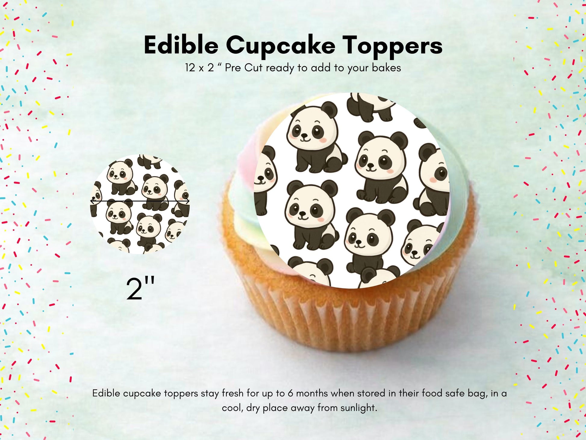 Panda Edible Cupcake Toppers 12 x 2" Precut Wafer Paper, Card or Icing Sheet