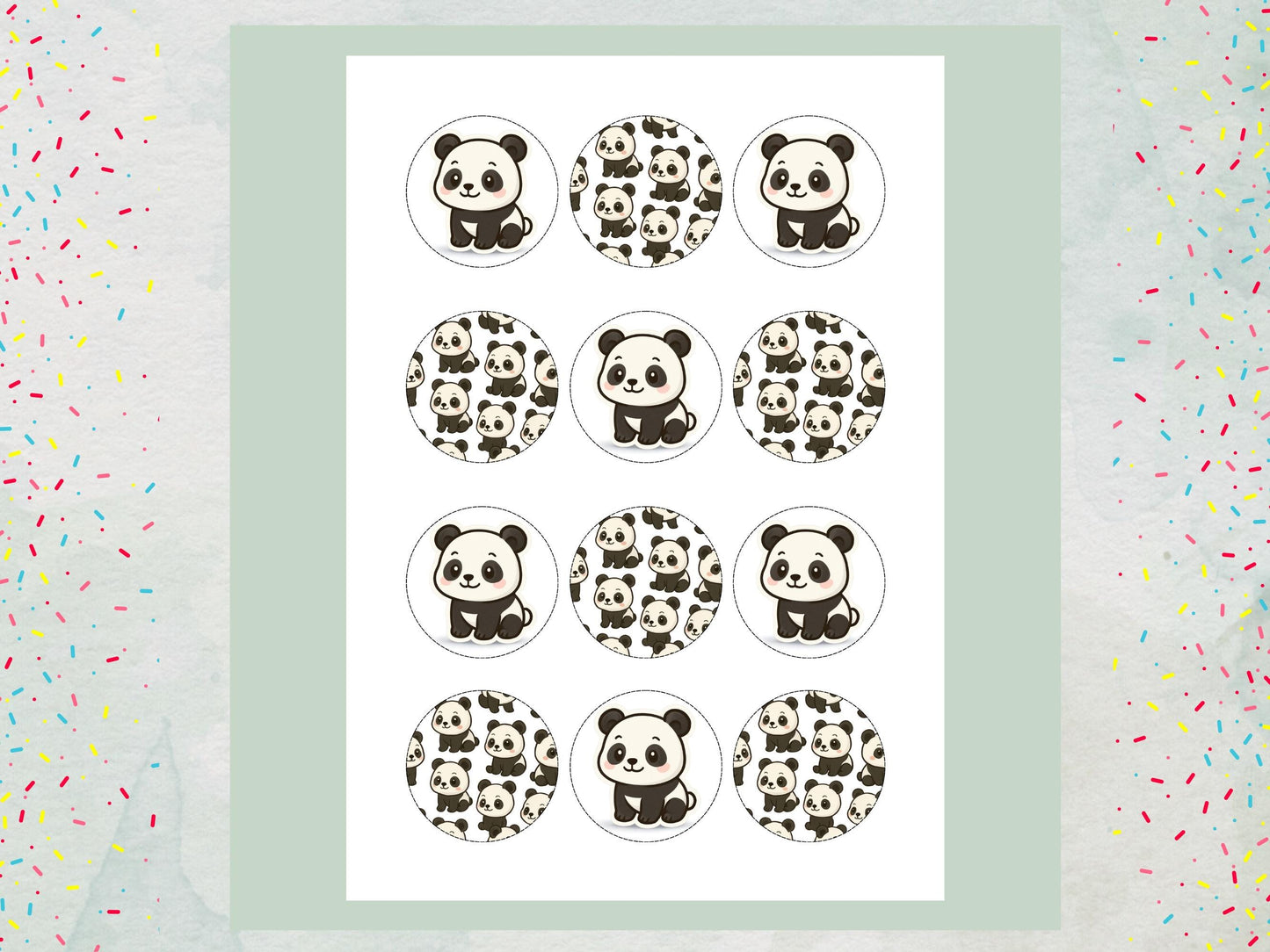 Panda Edible Cupcake Toppers 12 x 2" Precut Wafer Paper, Card or Icing Sheet