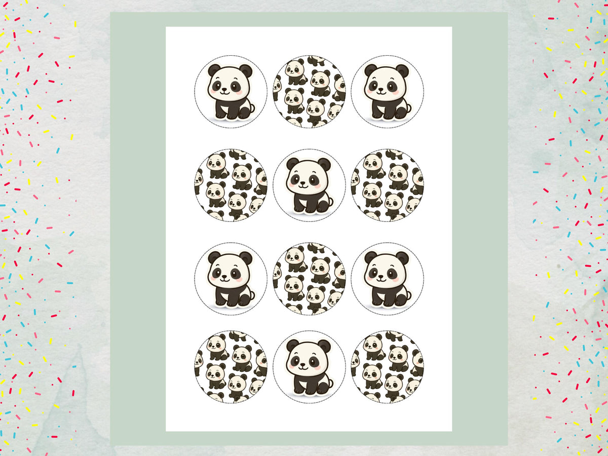 Panda Edible Cupcake Toppers 12 x 2" Precut Wafer Paper, Card or Icing Sheet