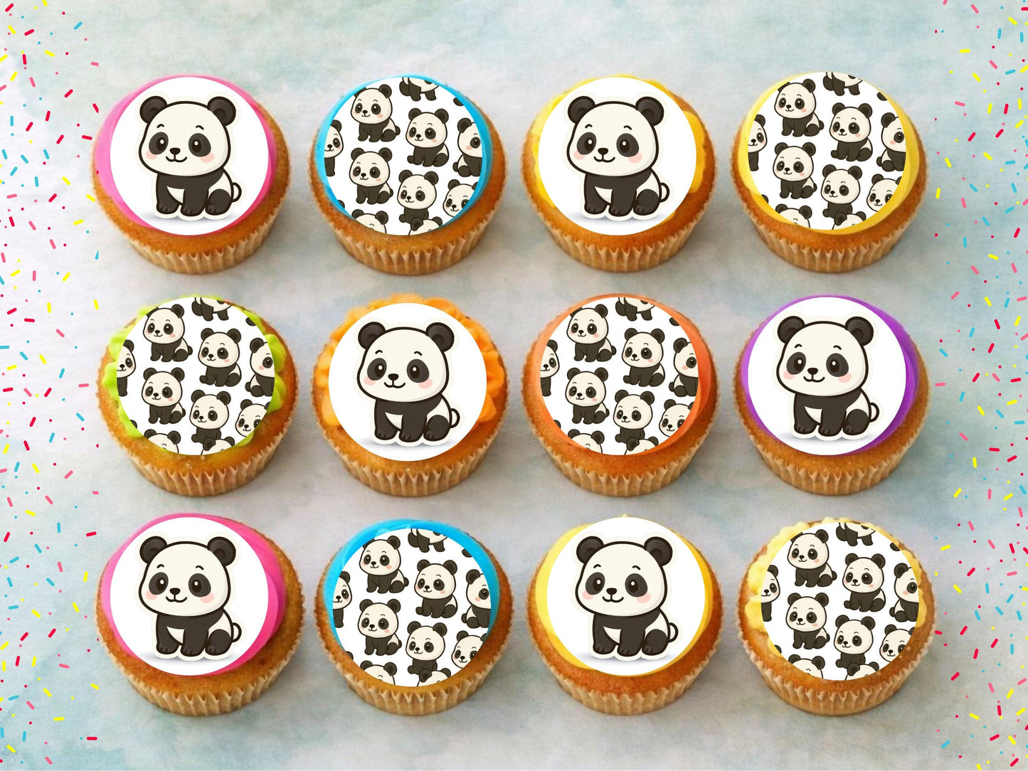 Panda Edible Cupcake Toppers 12 x 2" Precut Wafer Paper, Card or Icing Sheet