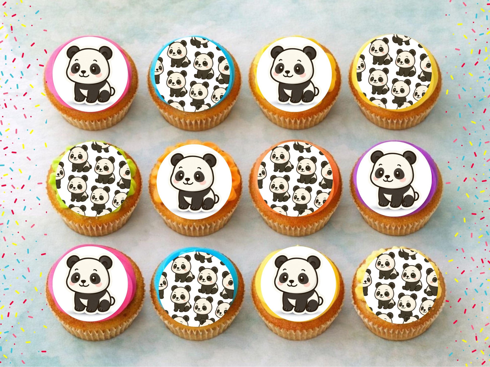 Panda Edible Cupcake Toppers 12 x 2" Precut Wafer Paper, Card or Icing Sheet