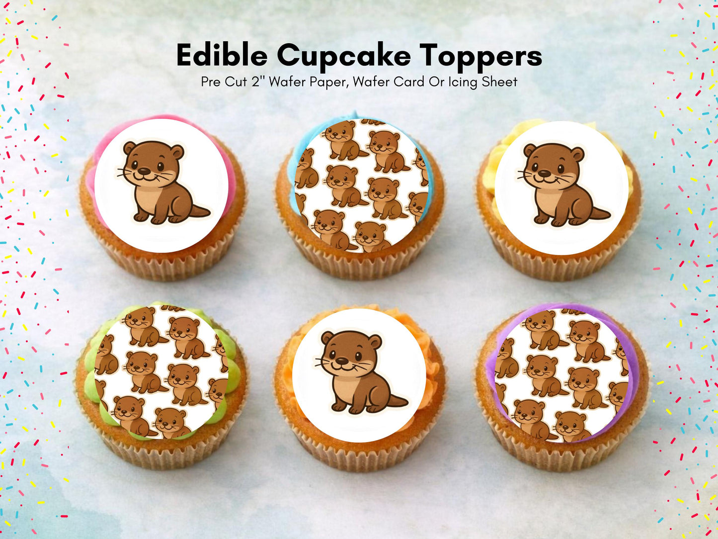 Cute Otter Edible Cupcake Toppers 12 x 2"– Pre cut Wafer Paper, Card or Icing Sheet, Otter Birthday Cake Topper, Kids Birthday Cake