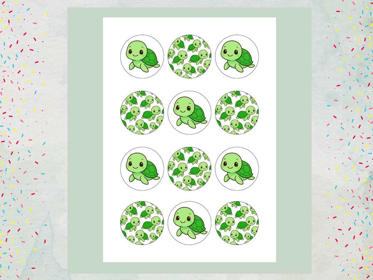 Cute Turtle Edible Cupcake Toppers – 2" Pre-Cut (Wafer Paper, Card, Icing Sheet)