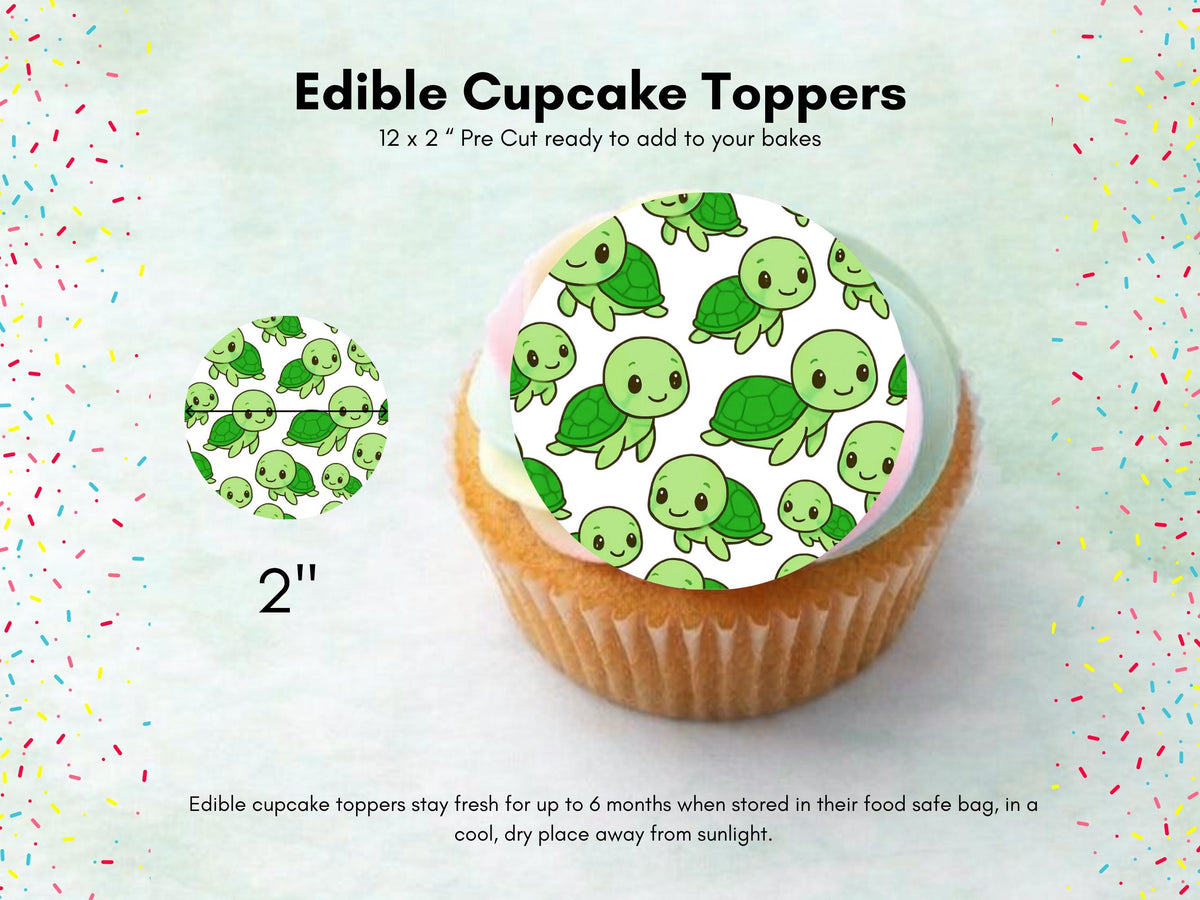 Cute Turtle Edible Cupcake Toppers – 2" Pre-Cut (Wafer Paper, Card, Icing Sheet)