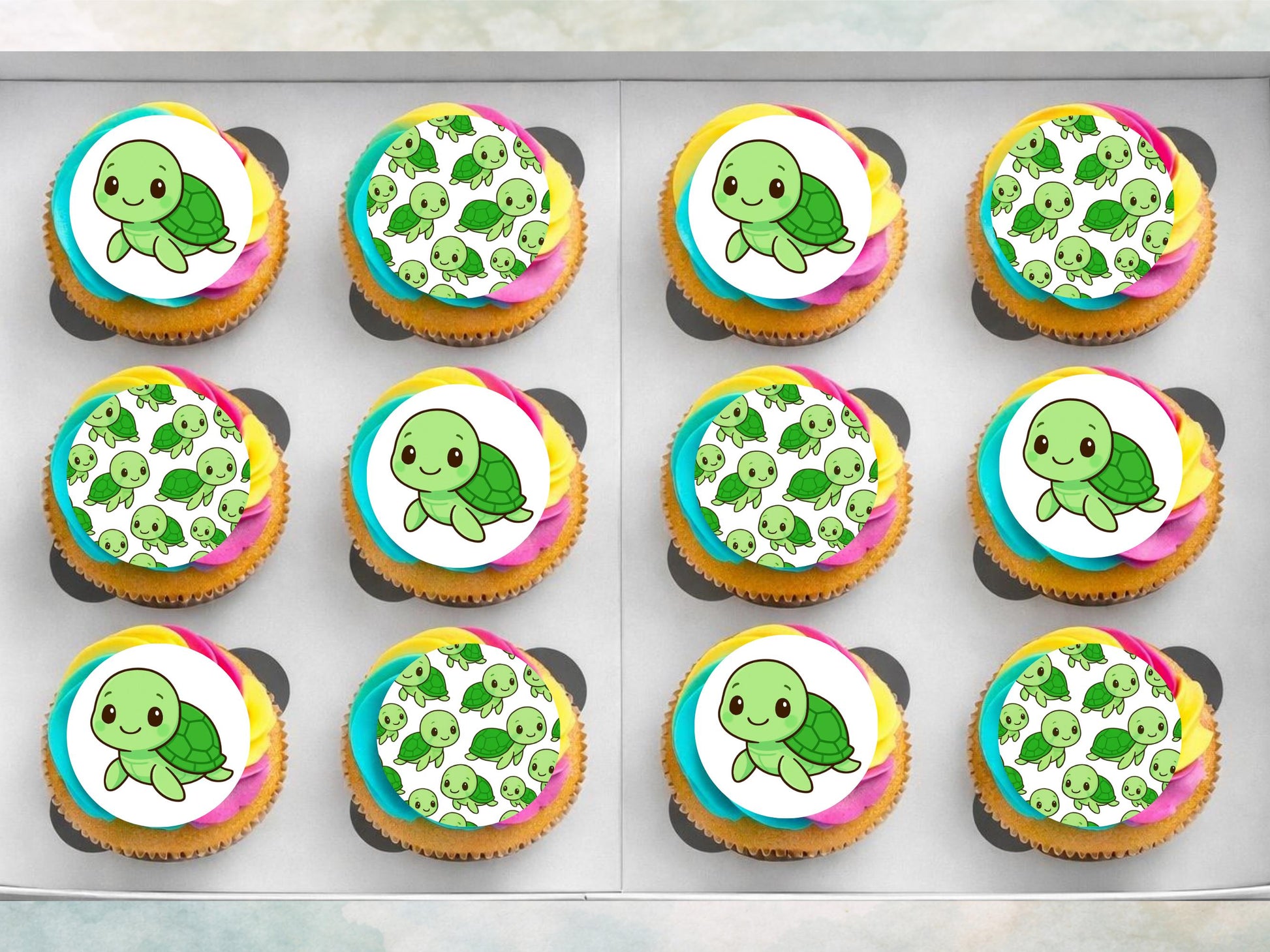 Cute Turtle Edible Birthday Cupcake Toppers 12 x 2"– Pre cut Wafer Paper, Card or Icing Sheet