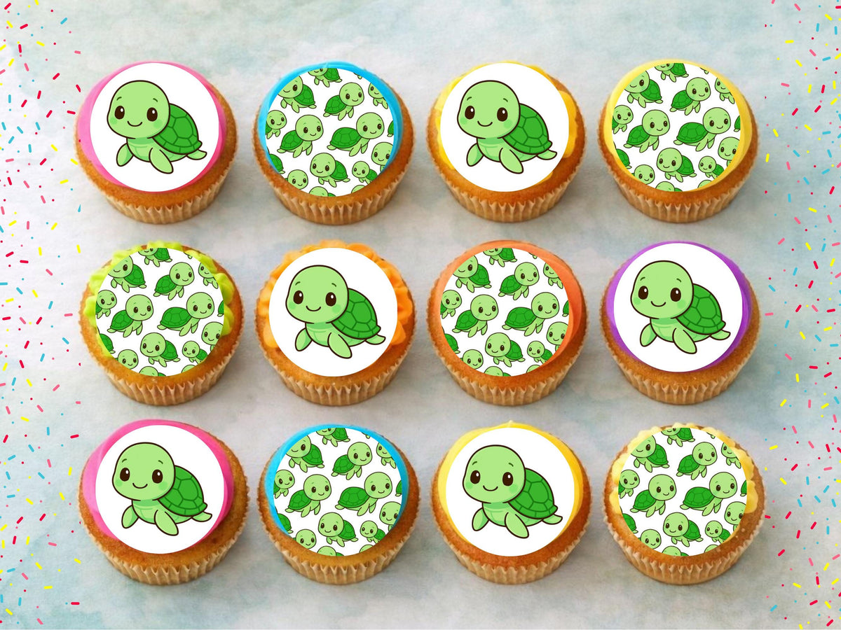 Cute Turtle Edible Cupcake Toppers – 2" Pre-Cut (Wafer Paper, Card, Icing Sheet)