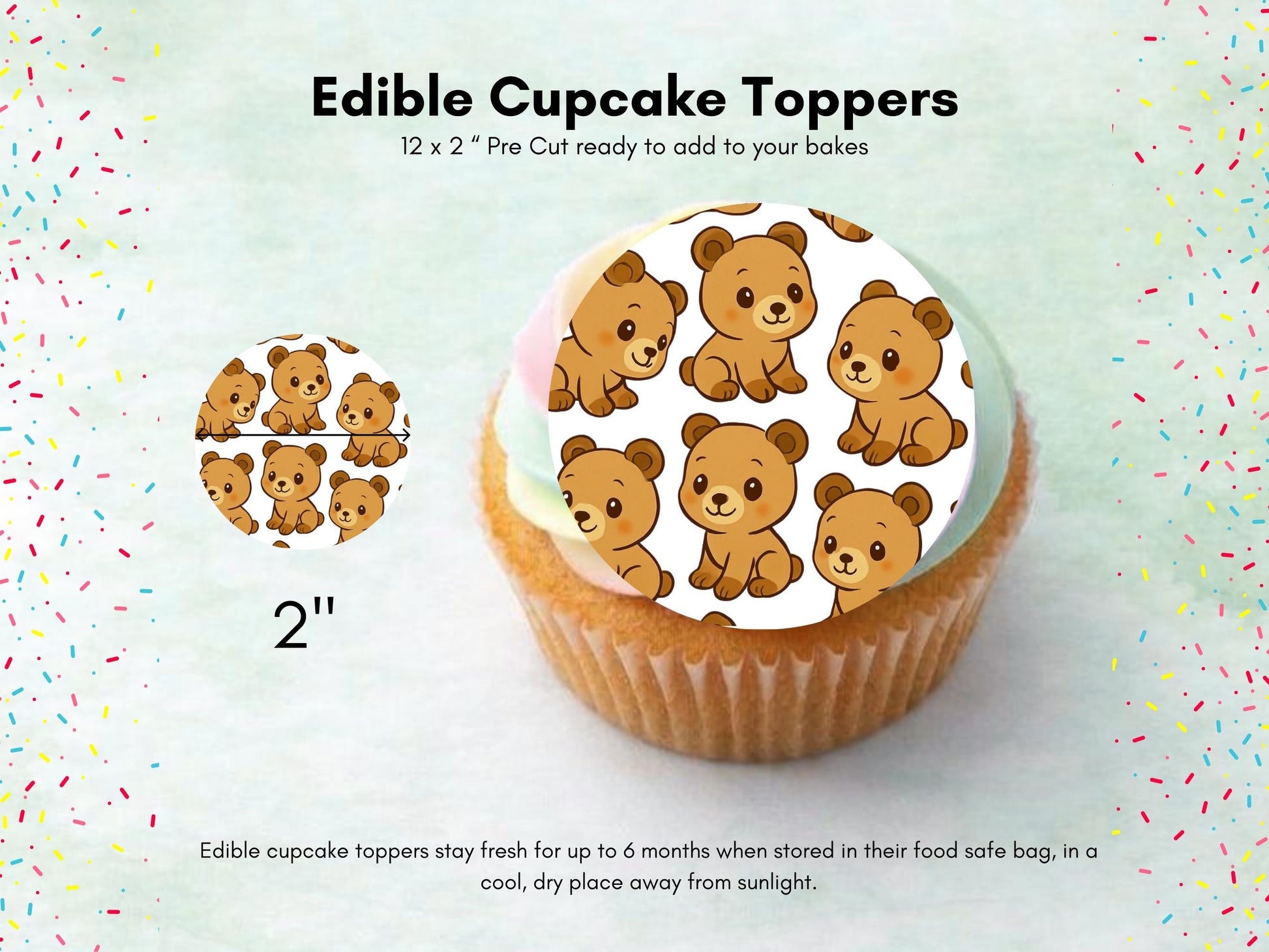 Cute Bear Edible Cupcake Toppers 12 x 2"– Pre cut Wafer Paper, Card or Icing Sheet