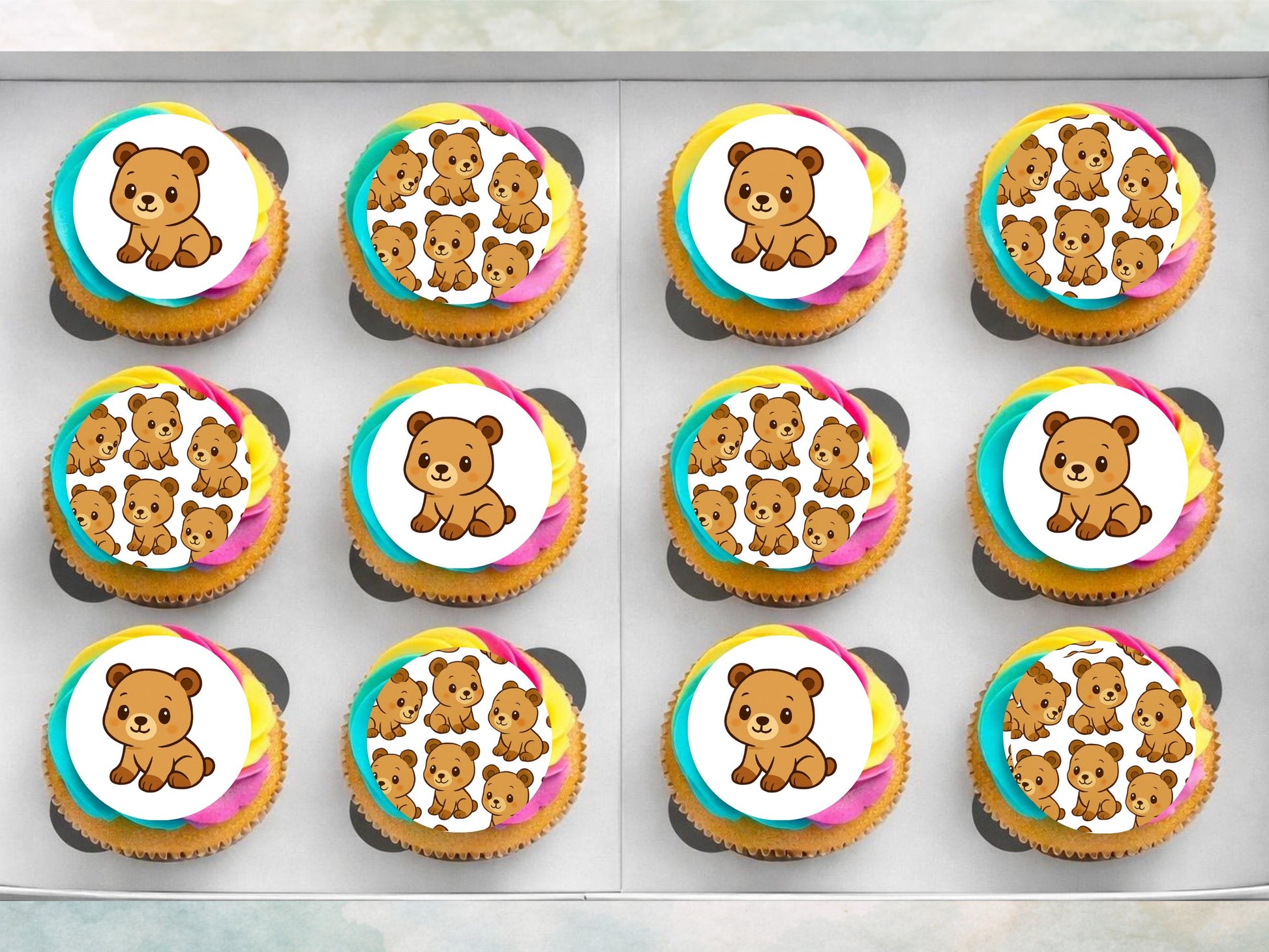 Cute Bear Edible Cupcake Toppers 12 x 2"– Pre cut Wafer Paper, Card or Icing Sheet