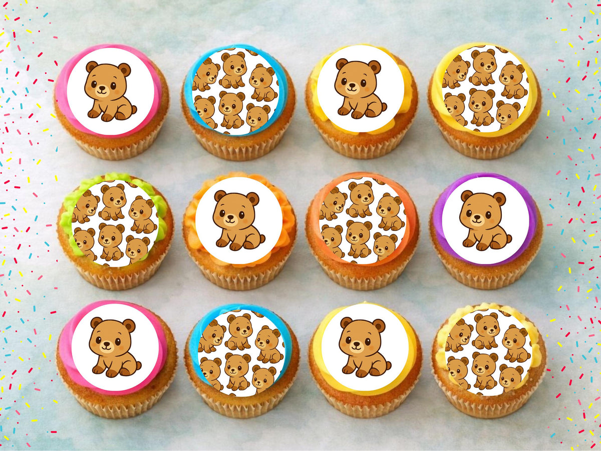 Cute Bear Edible Cupcake Toppers 12 x 2"– Pre cut Wafer Paper, Card or Icing Sheet