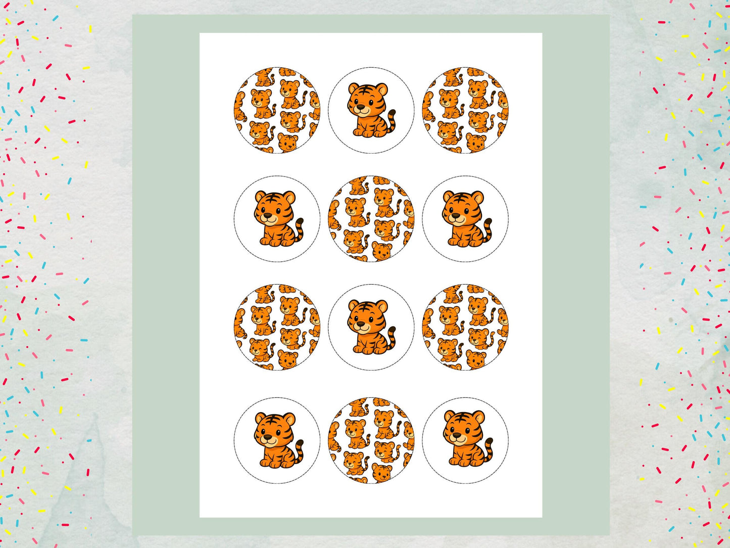 Cute Tiger Edible Cupcake Toppers 12 x 2" – Pre cut Wafer Paper, Card or Icing Sheet