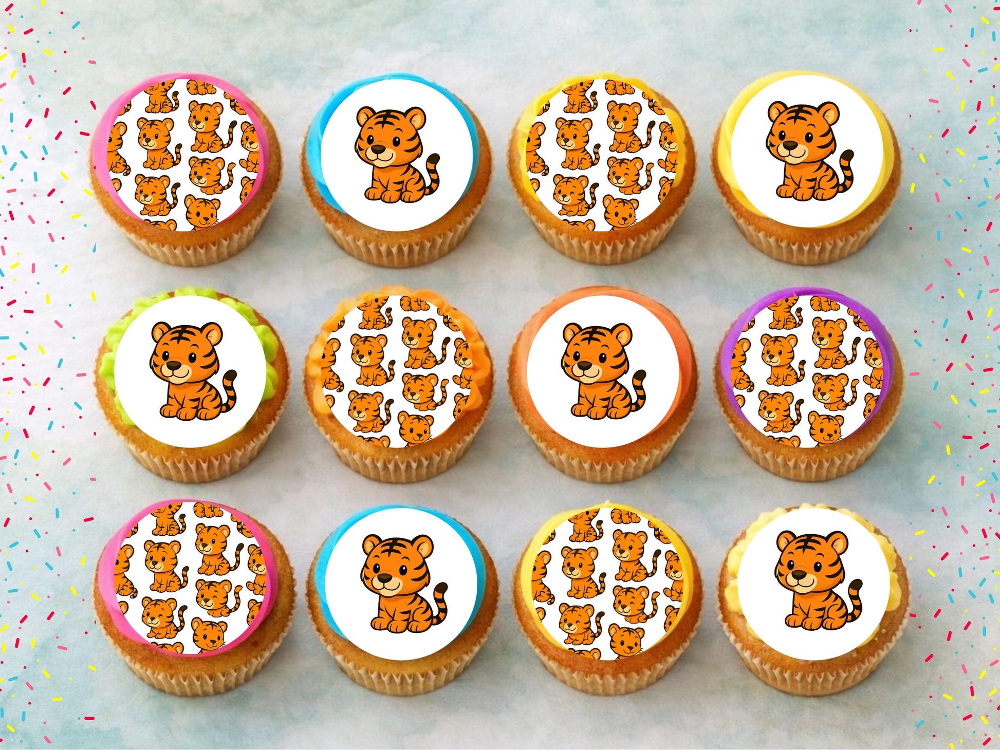 Cute Tiger Edible Cupcake Toppers 12 x 2" – Pre cut Wafer Paper, Card or Icing Sheet