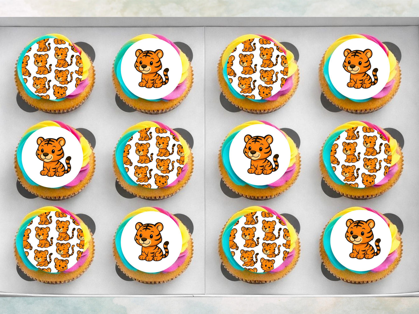 Cute Tiger Edible Cupcake Toppers 12 x 2" – Pre cut Wafer Paper, Card or Icing Sheet