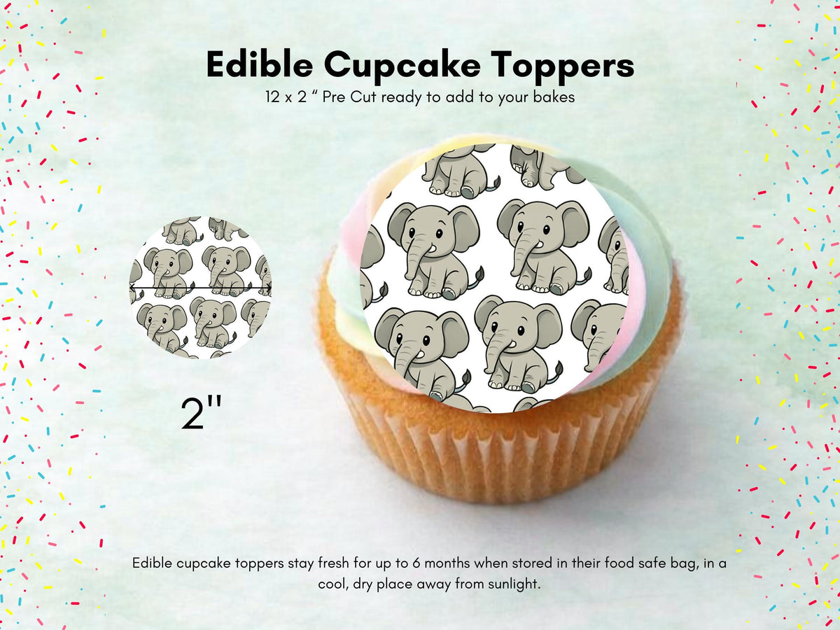 Elephant Edible Cupcake Toppers: 12 x 2" Wafer Paper, Card, or Icing sheet