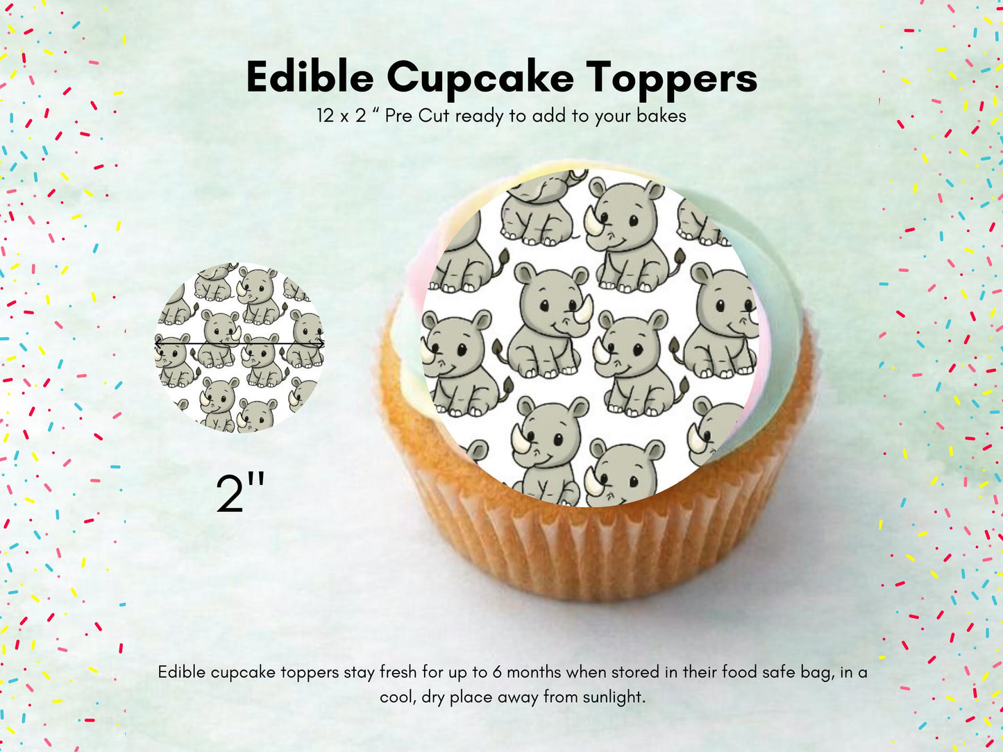 Cute Rhino Edible Cupcake Toppers: 12 x 2" Wafer Paper, Card, or Icing sheet