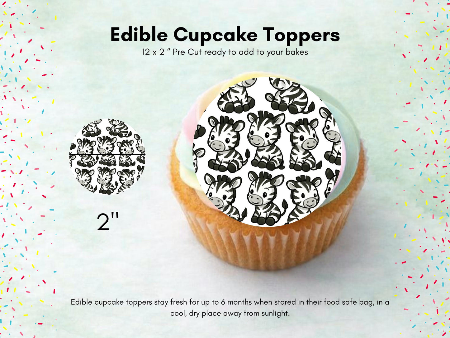 Zebra Edible Cupcake Toppers – Precut 2" Birthday Cake Decoration