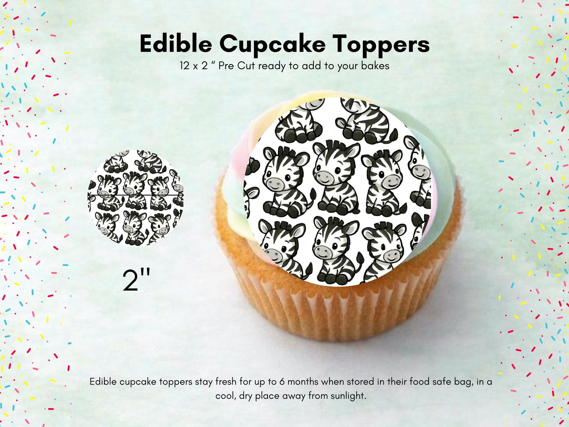 Zebra Edible Cupcake Toppers – Precut 2" Birthday Cake Decoration