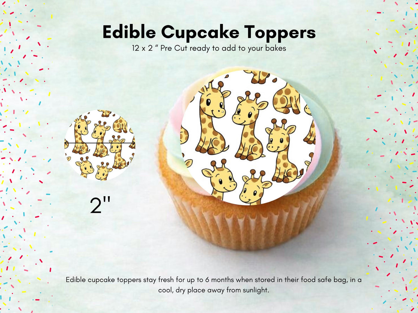 Giraffe Edible Cupcake Toppers – 2" Wafer Paper, Card, Icing Sheet