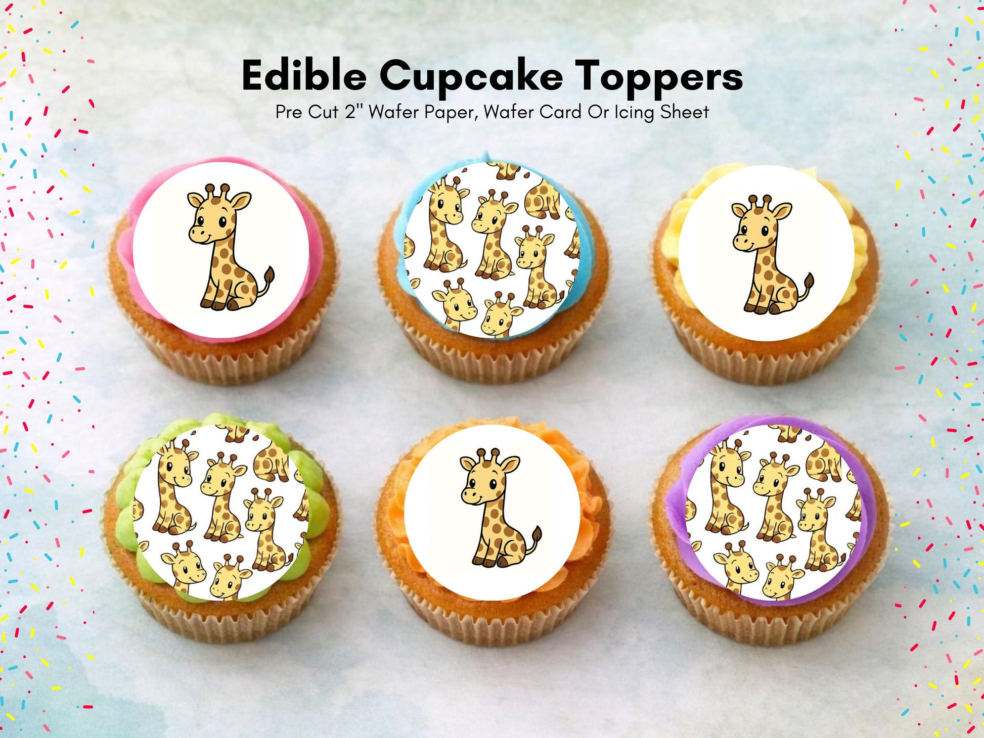 Giraffe Edible Cupcake Toppers – 2" Wafer Paper, Card, Icing Sheet