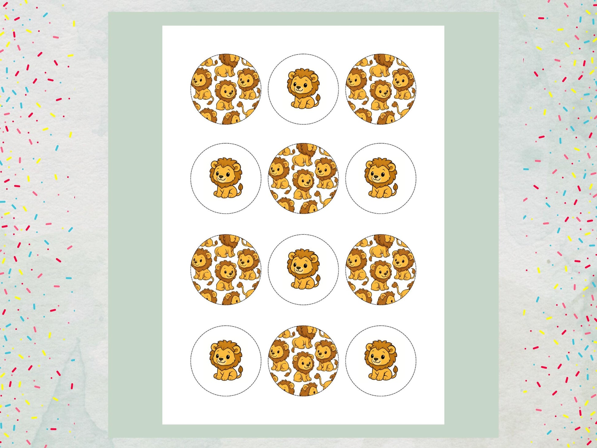 Cute Lion Edible Cupcake Toppers 12 x 2" – Pre cut Wafer Paper, Card or Icing Sheet