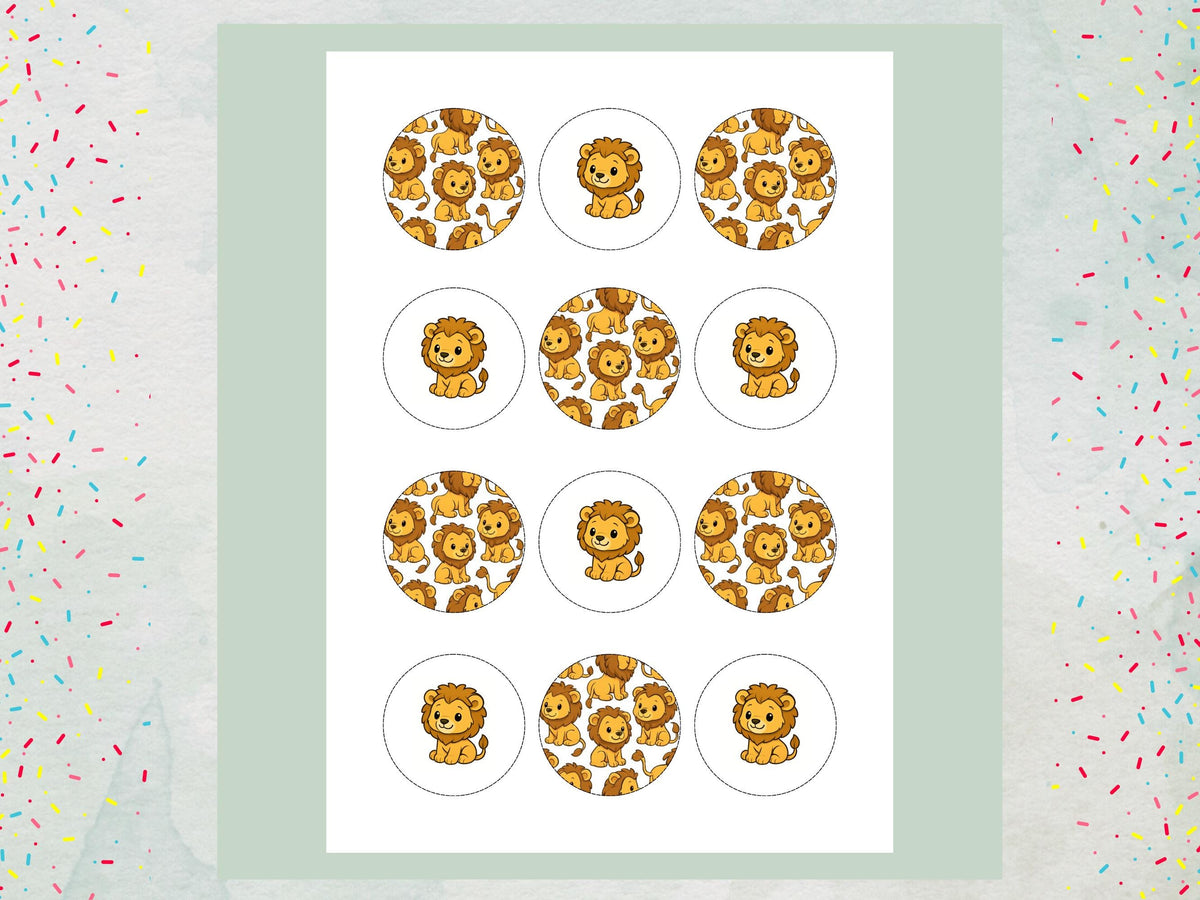 Cute Lion Edible Cupcake Toppers 12 x 2" – Pre cut Wafer Paper, Card or Icing Sheet
