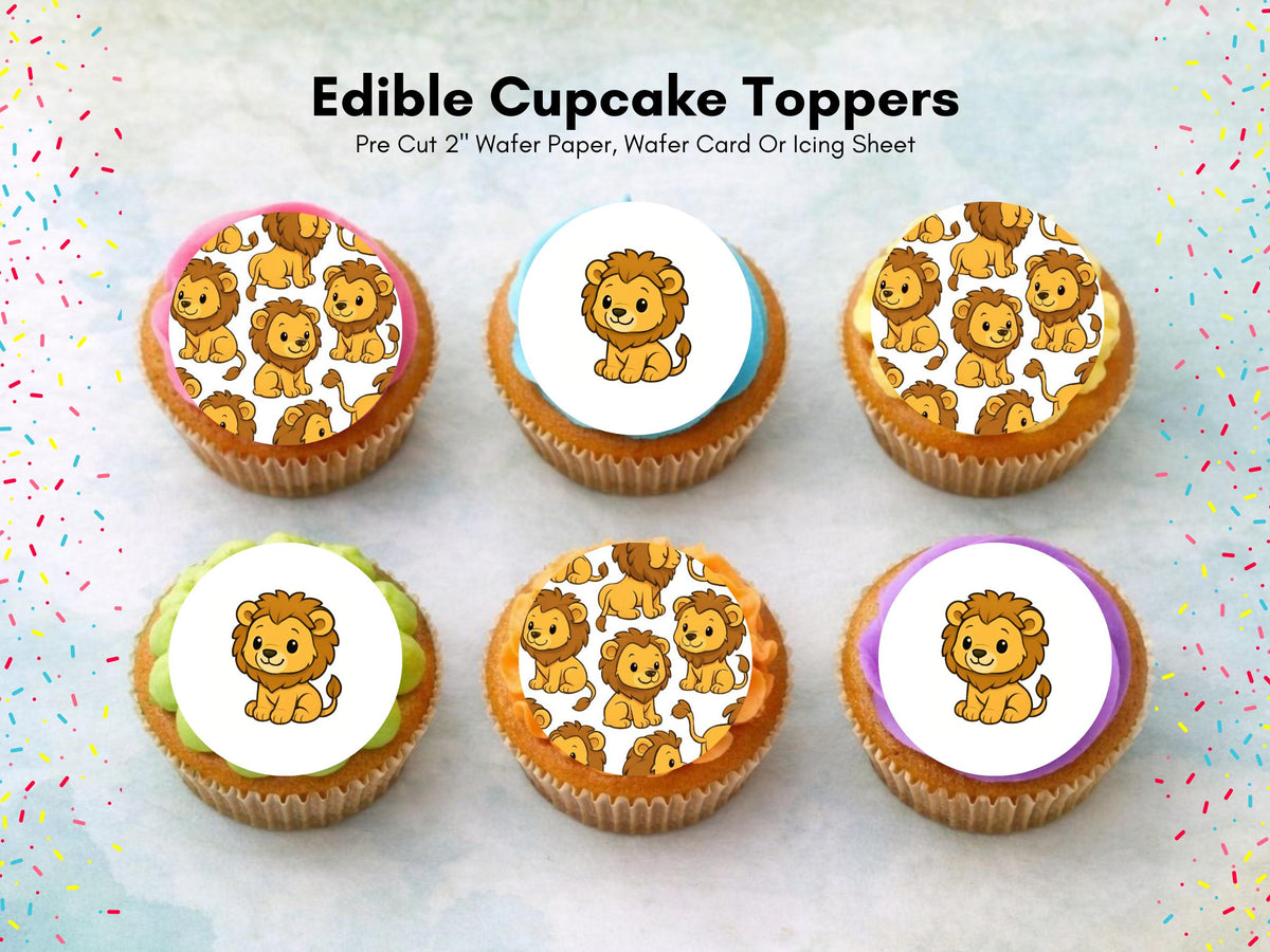 Cute Lion Edible Cupcake Toppers 12 x 2" – Pre cut Wafer Paper, Card or Icing Sheet