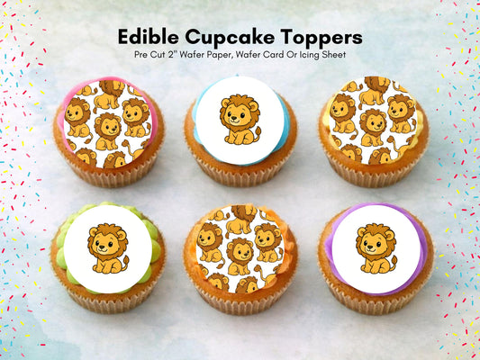 Cute Lion Edible Cupcake Toppers 12 x 2" – Pre cut Wafer Paper, Card or Icing Sheet