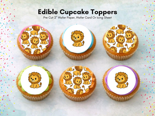 Cute Lion Edible Cupcake Toppers 12 x 2" – Pre cut Wafer Paper, Card or Icing Sheet