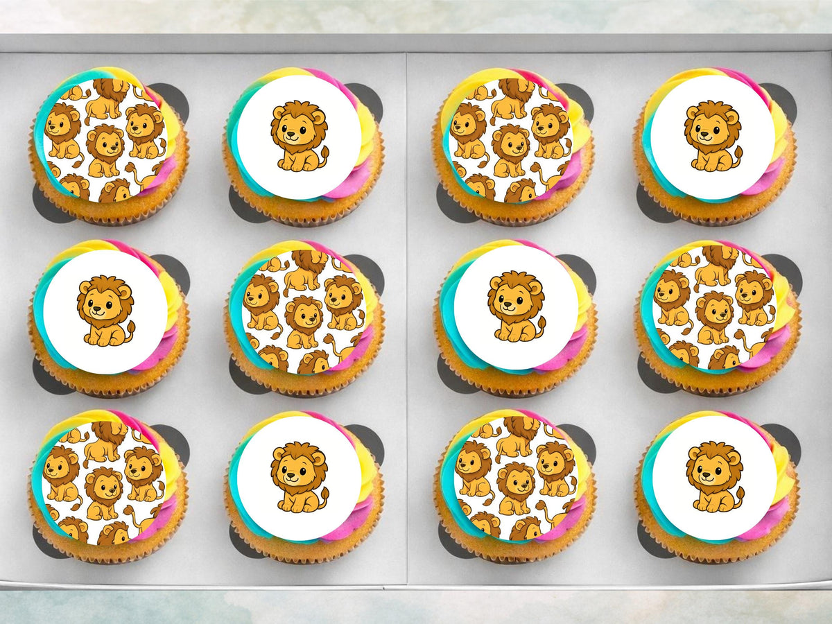 Cute Lion Edible Cupcake Toppers 12 x 2" – Pre cut Wafer Paper, Card or Icing Sheet
