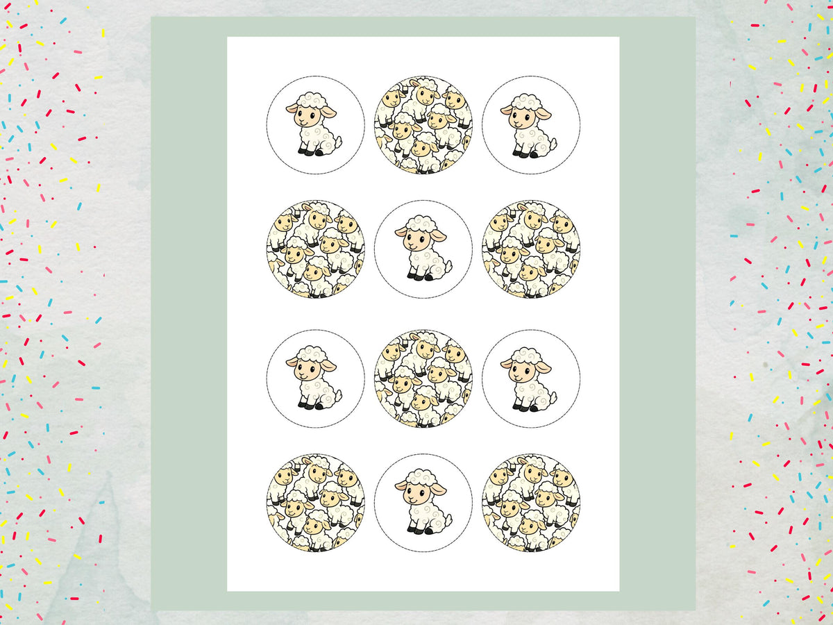 Cute Lamb Edible Cupcake Toppers 12 x 2" Precut Wafer Paper, Card or Icing Sheet